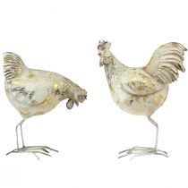 Pollos Decorativos Oro Blanco Gallo Gallina Vintage L13cm 2ud