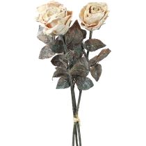 Rosas decorativas, color blanco crema, rosas artificiales, flores de seda, aspecto antiguo, 65 cm de largo, paquete de 3
