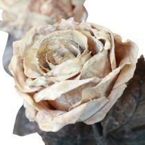 Rosas decorativas, color blanco crema, rosas artificiales, flores de seda, aspecto antiguo, 65 cm de largo, paquete de 3
