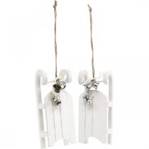 Artículo Trineo decorativo blanco plateado con cordón de campana L13cm 4 piezas