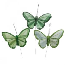 Mariposas decorativas mariposas de plumas verdes en alambre 10cm 12pcs