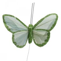 Mariposas decorativas mariposas de plumas verdes en alambre 10cm 12pcs