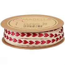 Artículo Cinta decorativa con corazones rojos cinta de regalo beige 10mm 15m