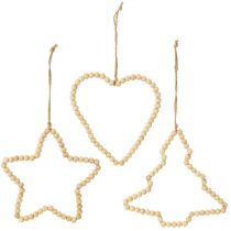 Artículo Cuentas navideñas decorativas de madera corazón estrella árbol H16cm 3 piezas