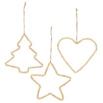 Artículo Percha decorativa Navidad cuentas de madera corazón estrella árbol H20cm 3pcs