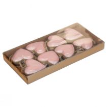 Artículo Percha decorativa madera corazones de madera decoración rosa claro brillante 6cm 8 piezas