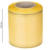 Artículo Cinta decorativa de moiré para coronas, color amarillo con borde dorado, 100 mm de ancho y 25 m de largo, ideal para floristería y decoración.