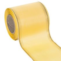 Artículo Cinta decorativa de moiré para coronas, color amarillo con borde dorado, 100 mm de ancho y 25 m de largo, ideal para floristería y decoración.
