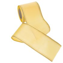 Artículo Cinta decorativa de moiré para coronas, color amarillo con borde dorado, 100 mm de ancho y 25 m de largo, ideal para floristería y decoración.
