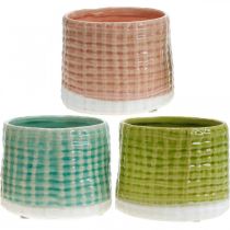 Macetas decorativas con diseño de cesta, macetero, macetero de cerámica menta/verde/rosa Ø13cm 3pcs
