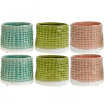 Macetero de cerámica, macetero mini, decoración de cerámica, maceta decorativa, patrón de cesta menta / verde / rosa Ø7,5cm 6ud