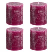 Artículo Velas de moda teñidas en color morado baya, velas de pilar, 70×80 mm, juego de 4, decoración de mesa