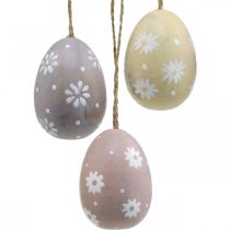 Artículo Huevos de pascua con decoración de flores para colgar huevos de madera clasificados 7cm 3pcs