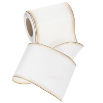 Artículo Elegante cinta de corona de muaré, 125 mm, blanca con ribete dorado - Cinta decorativa de alta calidad para floristería y celebraciones