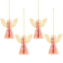 Artículo Adornos de papel de ángel navideños color albaricoque dorado, 12 cm, juego de 4