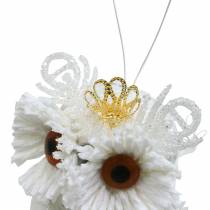 Artículo Búho decorativo con corona para colgar blanco, purpurina 6,5 × 8cm 6ud.