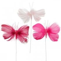 Mariposas de plumas rosa/rosa/rojo, mariposas decorativas en alambre 6 uds.