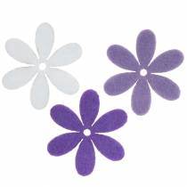 Artículo Flor de fieltro violeta, blanca surtida 4,5cm 54p