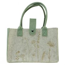 Bolso de fieltro con asa con flores verde crema 30x18x37cm