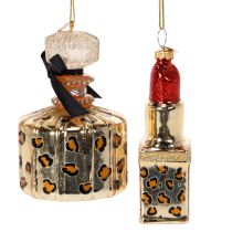 Artículo Adorno para árbol de Navidad: frasco de perfume y pintalabios con estampado de leopardo, 11 cm, 2 unidades.