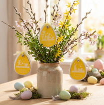 Artículo Huevos de Pascua decorativos para colgar, blancos y amarillos, de madera, decoración de Pascua, decoración de primavera, 6 piezas