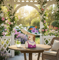 Artículo Jarrón con forma de mujer con sombrero y flores, maceta decorativa para interiores y exteriores, 20 cm.