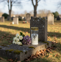 Artículo Vela funeraria con forma de corazón de perro, hecha de patas de oro blanco, Ø7 cm, altura 16,5 cm.