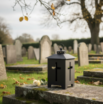 Artículo Farol de tumba con cruz de ventana de metal gris antiguo 13 x 27 cm