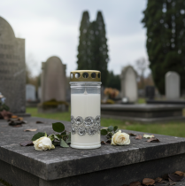 Artículo Vela grave rosas blancas luz de luto plateada Ø7cm H18cm 77h