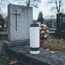 Artículo Tapa para vela de tumba con motivo floral, blanca y negra, 10 días, 27 cm de alto.