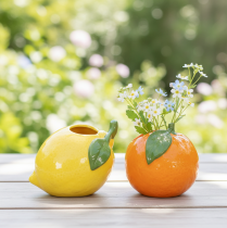 Artículo Jarrón con motivos cítricos, naranja y limón, un accesorio decorativo extravagante para el hogar, ideal para el verano. 10 cm, 2 unidades.
