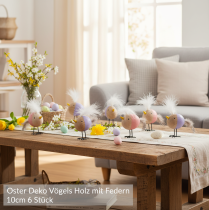 Artículo Pájaro decorativo de madera con plumas y cuerpo colorido para decoración de mesa, 10 cm, 6 piezas