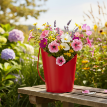 Artículo Maceta metálica decorativa con forma de corazón y asa, color rojo, Ø12cm, H15/9cm.
