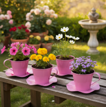Artículo Taza de té decorativa de metal con plato, color rosa, Ø12 cm, H10 cm, 8 unidades.