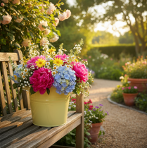 Artículo Maceta decorativa de metal, verde/amarilla, maceta para flores, 31x26x21,5 cm