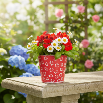 Artículo Mini maceta roja y blanca, diseño floral, metal, Ø10,5 cm H10,5 cm