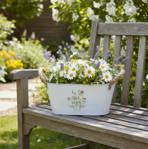 Artículo Bol ovalado decorativo de metal, blanco con decoración floral natural, 26 cm de largo.