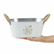 Artículo Bol ovalado decorativo de metal, blanco, decoración floral natural, 26 cm de largo.
