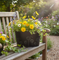 Artículo Bol decorativo de metal, ovalado, negro y plateado, diseño floral, 20,5 x 12,5 x 12 cm