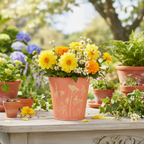 Artículo Maceta con decoración floral, color amarillo albaricoque, Ø10,5 cm, H10,5 cm