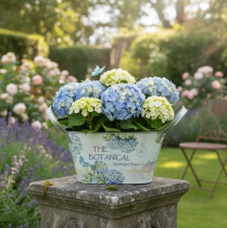 Artículo Maceta con asas, diseño de hortensias, metal, 26×13×14,5 cm