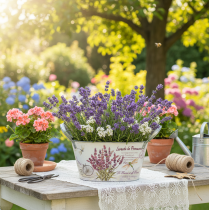 Artículo Bol ovalado de metal con asas para flores, color lavanda, 26 × 13 × 14,5 cm.