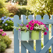 Artículo Maceta colgante de metal, verde, decoración para balcón, 22 cm de largo x 23,5 cm de alto.