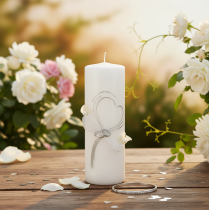 Artículo Vela de boda festiva con un elegante diseño de corazón, adornos plateados y cinta de organza: ideal para bodas y aniversarios de bodas de plata, 240/80 mm