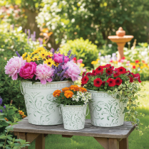 Artículo Macetas de metal con asas, maceteros con relieve, blanco, verde, estilo shabby chic, H20.5/18.5/16cm, Ø25.5/20.5/15.5cm, juego de 3