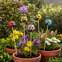 Artículo Figuras decorativas de mariquitas para macetas y arreglos florales para decoración primaveral, 32 cm, 16 unidades.