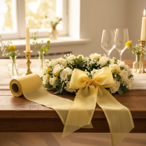 Artículo Cinta decorativa de moiré para coronas, amarilla con ribete dorado, cinta floral decorativa, acetato/poliéster, 150 mm x 25 m