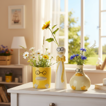 Artículo Set de Figuras de Patos de Cerámica con Gafas, 25 cm, Amarillo y Blanco
