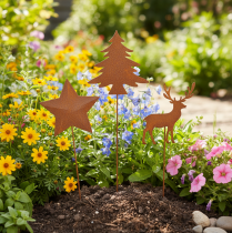 Artículo Estaca de jardín, acero envejecido, ciervo, estrella, abeto, 10/15 cm de alto, 3 piezas