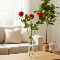 Artículo Rama de rosa artificial de seda, color rojo, 72 cm, 3 unidades.
